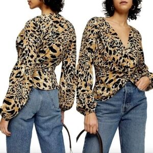 NWT Topshop Leopard Print Twist‎ Front Balloon Sleeve Blouse  2